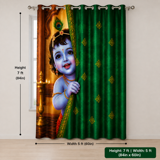 Omroots Baby Krishna Behind Emerald Green Curtain Decorative Curtain 5x7 Feet