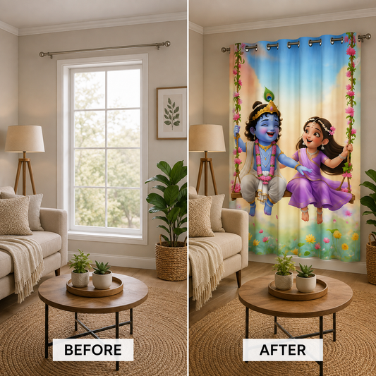 Krishna Radha Swing Printed Curtain | 7 Feet x 5 Feet | Digital Printed Curtain