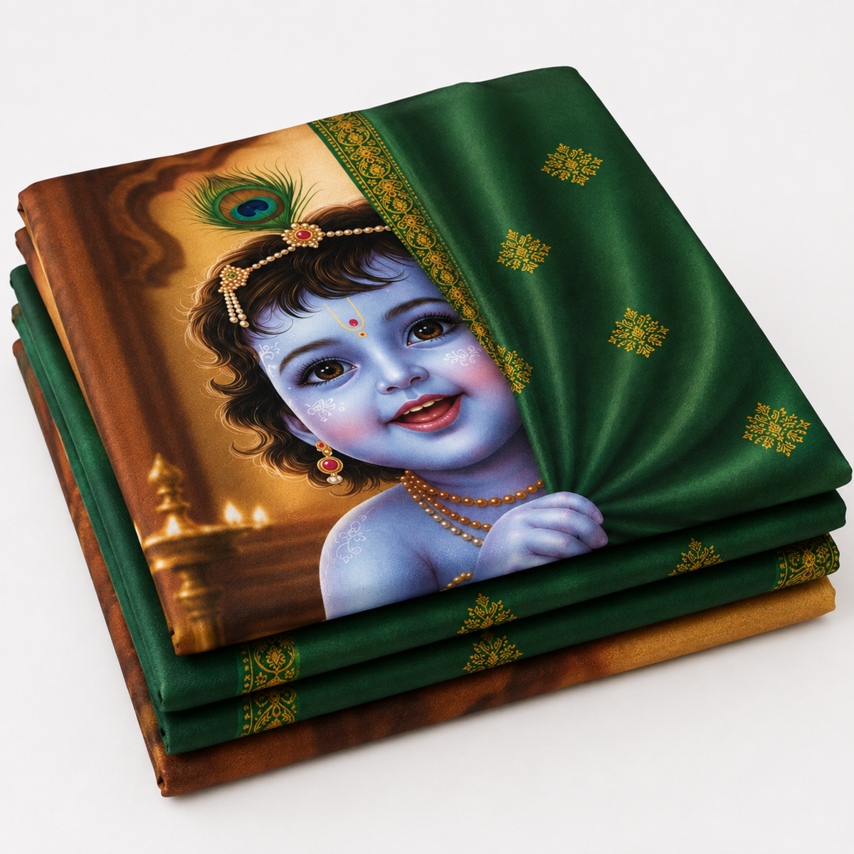Omroots Baby Krishna Behind Emerald Green Curtain Decorative Curtain 5x7 Feet