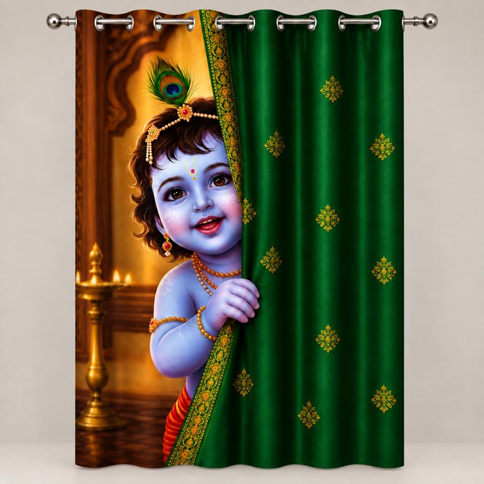 Omroots Baby Krishna Behind Emerald Green Curtain Decorative Curtain 5x7 Feet