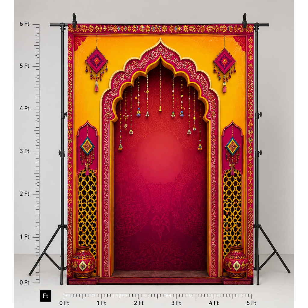 Omroots Royal Maroon Arch Pooja Backdrop
