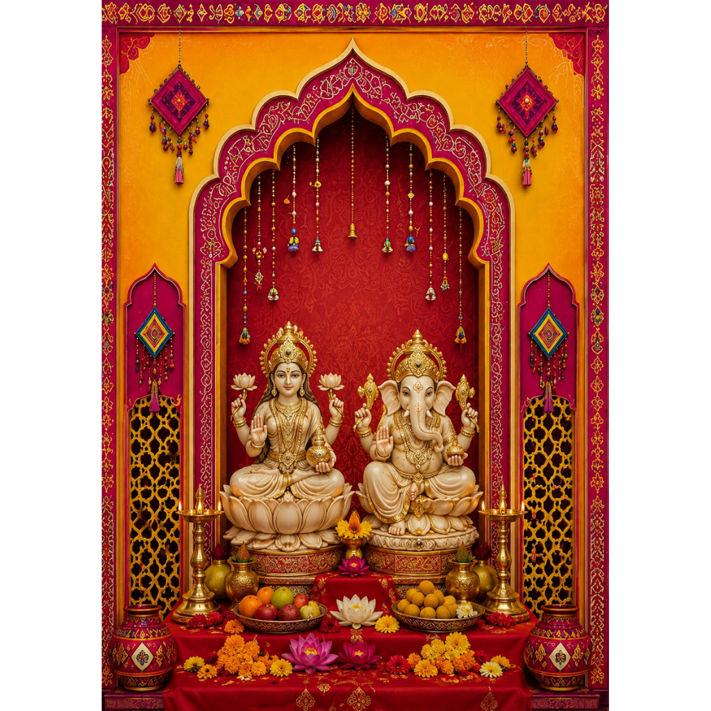 Omroots Royal Maroon Arch Pooja Backdrop