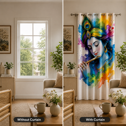 Omroots Shree Krishna Flute Portrait Decorative Curtain 5x7 Feet Copy