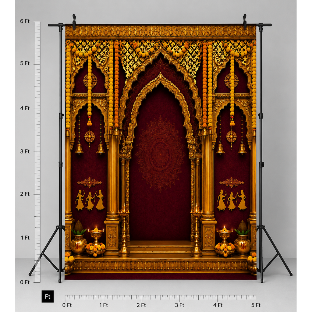 Omroots Royal Maroon Golden Mandap Pooja Backdrop