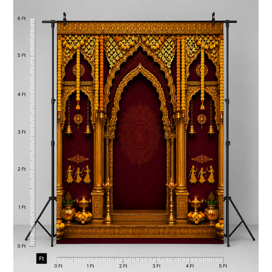 Omroots Royal Maroon Golden Mandap Pooja Backdrop