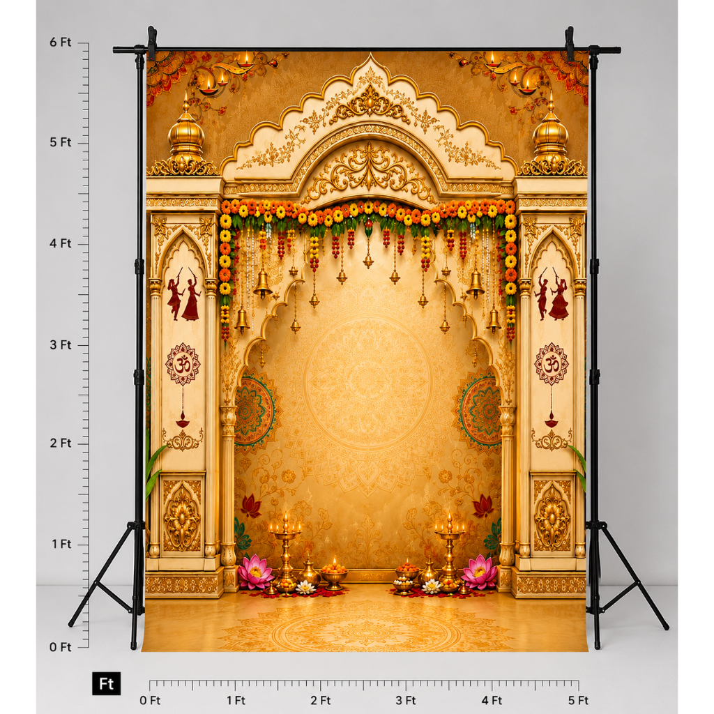 Omroots Traditional Golden Temple Mandap Backdrop