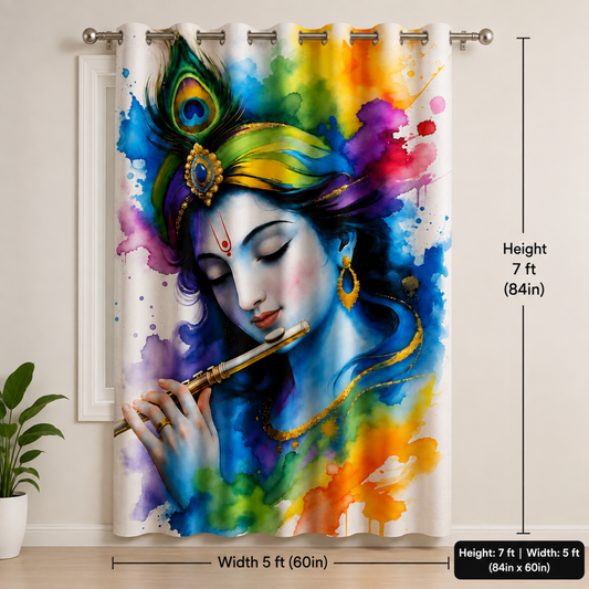 Omroots Shree Krishna Flute Portrait Decorative Curtain 5x7 Feet Copy