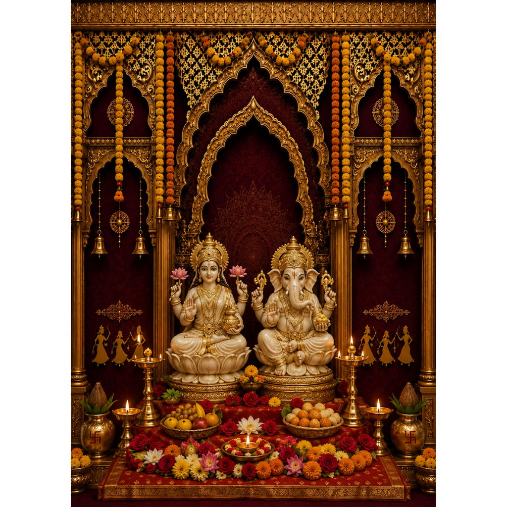 Omroots Royal Maroon Golden Mandap Pooja Backdrop