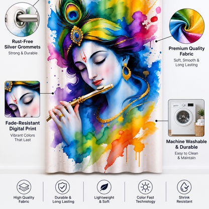 Omroots Shree Krishna Flute Portrait Decorative Curtain 5x7 Feet Copy