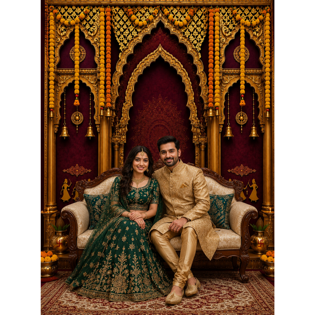 Omroots Royal Maroon Golden Mandap Pooja Backdrop