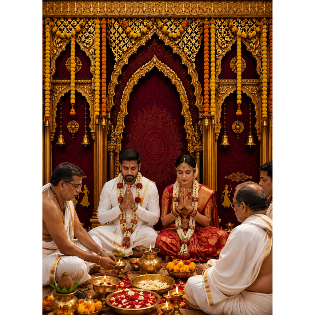 Omroots Royal Maroon Golden Mandap Pooja Backdrop