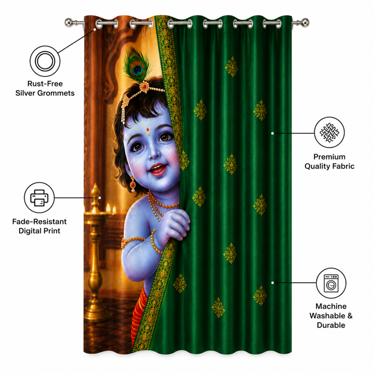 Omroots Baby Krishna Behind Emerald Green Curtain Decorative Curtain 5x7 Feet