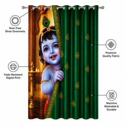 Omroots Baby Krishna Behind Emerald Green Curtain Decorative Curtain 5x7 Feet