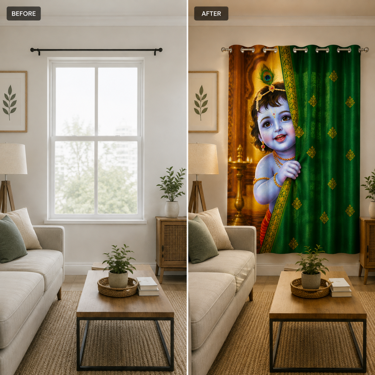 Omroots Baby Krishna Behind Emerald Green Curtain Decorative Curtain 5x7 Feet
