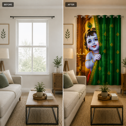 Omroots Baby Krishna Behind Emerald Green Curtain Decorative Curtain 5x7 Feet