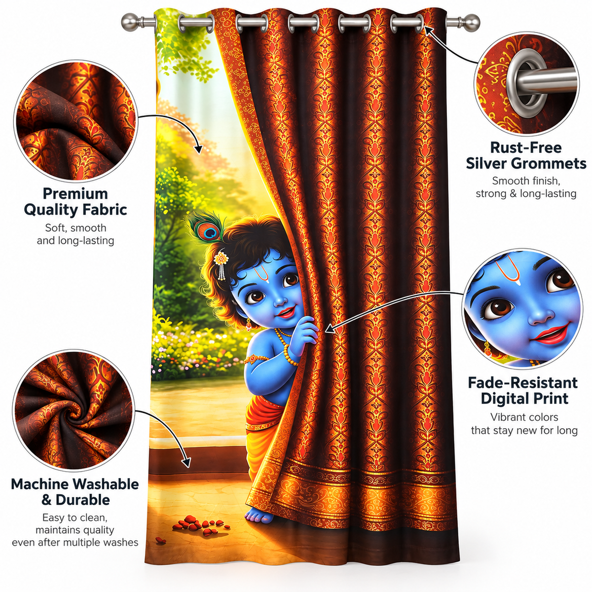 Baby Krishna Curtain for Living Room & Bedroom | Digital Printed Sarina Fabric Curtain | 7 Ft x 5 Ft