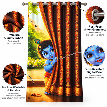 Baby Krishna Curtain for Living Room & Bedroom | Digital Printed Sarina Fabric Curtain | 7 Ft x 5 Ft