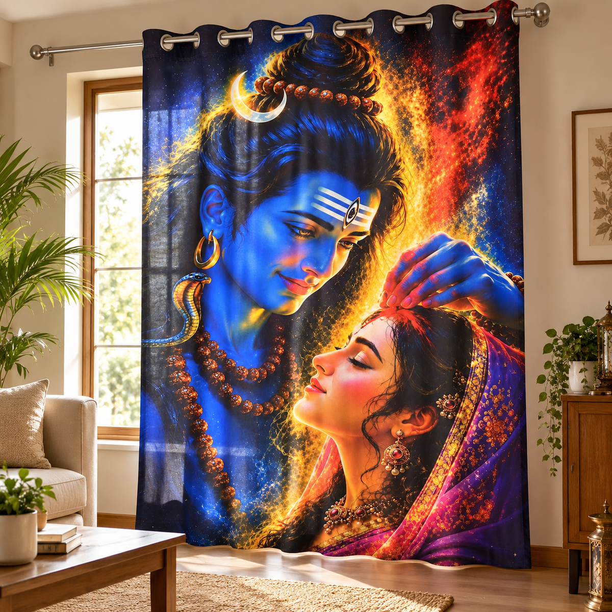 Shiva Parvati Printed Curtain – 7 Ft x 5 Ft | Premium Digital Print Grommet Curtain