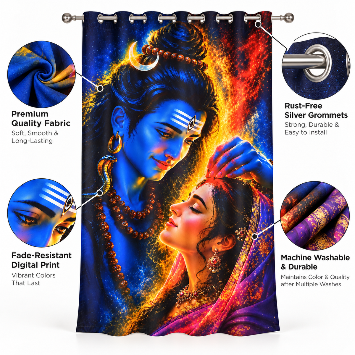Shiva Parvati Printed Curtain – 7 Ft x 5 Ft | Premium Digital Print Grommet Curtain