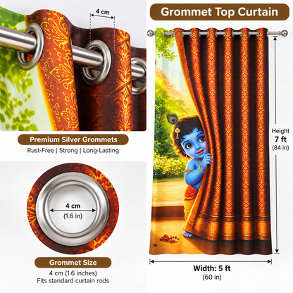 Baby Krishna Curtain for Living Room & Bedroom | Digital Printed Sarina Fabric Curtain | 7 Ft x 5 Ft