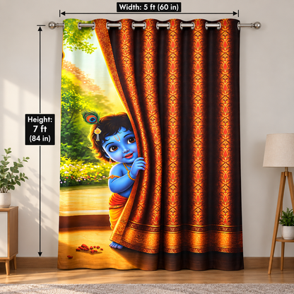 Baby Krishna Curtain for Living Room & Bedroom | Digital Printed Sarina Fabric Curtain | 7 Ft x 5 Ft