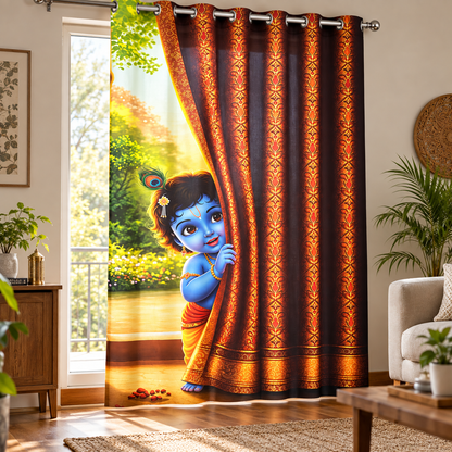 Baby Krishna Curtain for Living Room & Bedroom | Digital Printed Sarina Fabric Curtain | 7 Ft x 5 Ft
