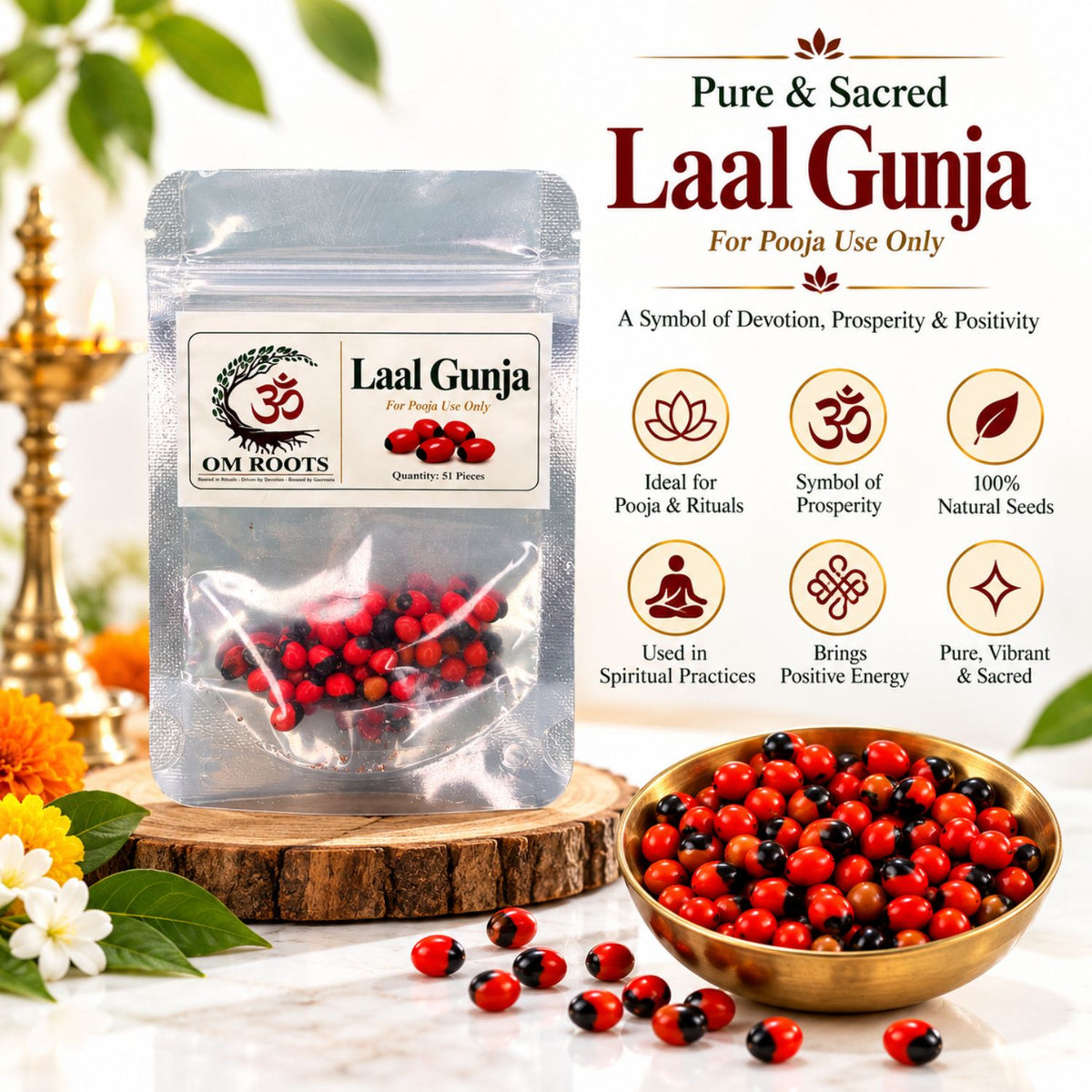 Omroots Laal Gunja Seeds For Pooja, Red Gunja 51 Pieces