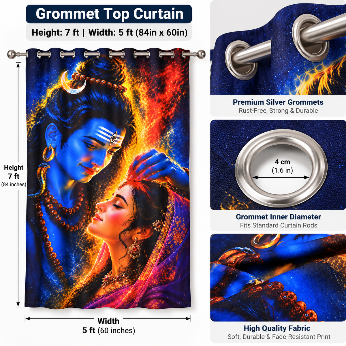 Shiva Parvati Printed Curtain – 7 Ft x 5 Ft | Premium Digital Print Grommet Curtain