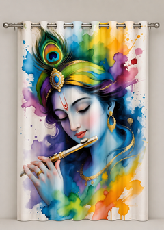 Omroots Shree Krishna Flute Portrait Decorative Curtain 5x7 Feet Copy